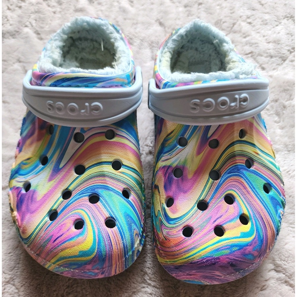 Crocs Baya Lined Rainbow Swirl Clogs Girls 12 Multicolor Slip On Shoes